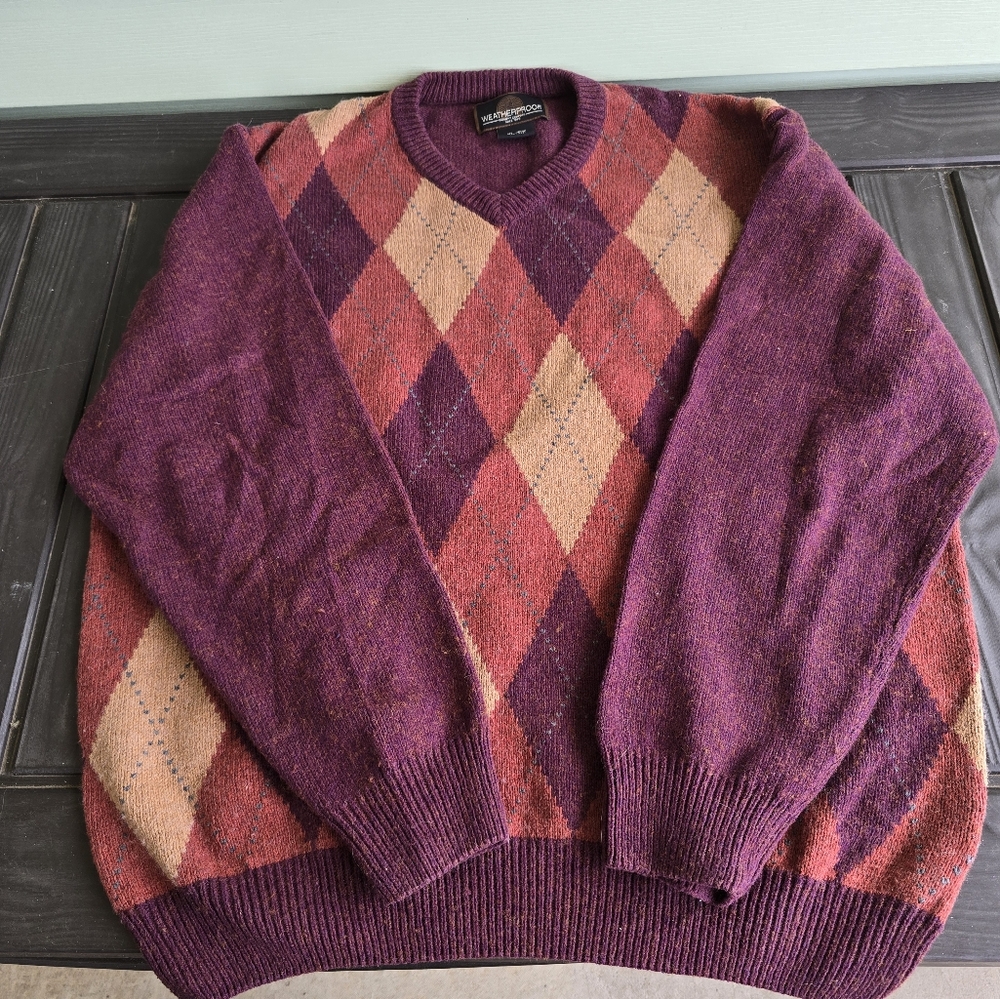 VTG WEATHERPROOF Lambswool Blend V-neck Argyle Sweater in Maroon SZ XL